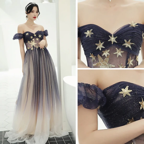 Élégant Violet Dégradé De Couleur Transparentes Robe De Bal 2020 Princesse De l'épaule Gonflée Manches Courtes Étoile Paillettes Glitter Tulle Longue Volants Dos Nu Robe De Ceremonie