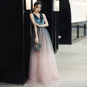 Élégant Bleu D Encre Rougissant Rose Robe De Soirée 2020 Princesse Col V Profond Sans Manches Glitter Étoile Longue Volants Dos Nu Robe De Ceremonie