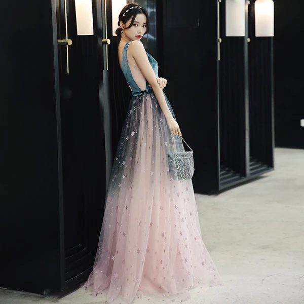 Elegant Ink Blue Blushing Pink Evening Dresses 2020 A-Line / Princess Deep V-Neck Sleeveless Glitter Star Floor-Length / Long Ruffle Backless Formal Dresses