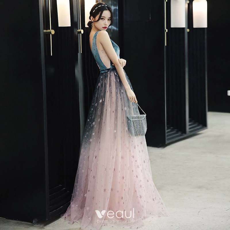 a line sweetheart floor length dress A-Line Sweetheart Neck Off Shoulder Tulle Gray Blue Long Prom Dress P632