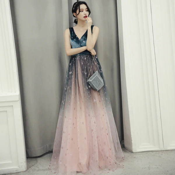 Elegant Ink Blue Blushing Pink Evening Dresses 2020 A-Line / Princess Deep V-Neck Sleeveless Glitter Star Floor-Length / Long Ruffle Backless Formal Dresses