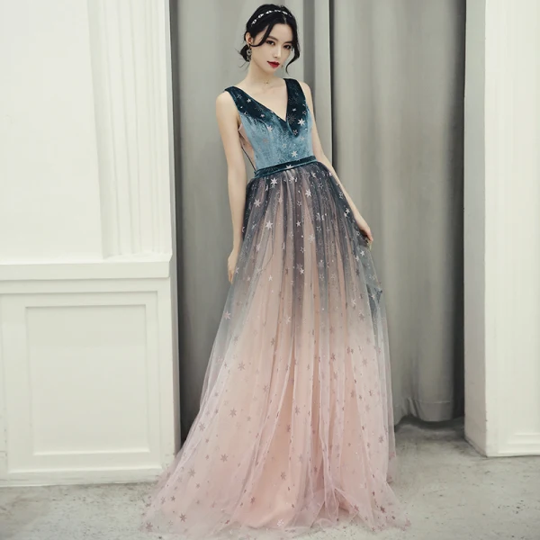 Elegant Ink Blue Blushing Pink Evening Dresses 2020 A-Line / Princess Deep V-Neck Sleeveless Glitter Star Floor-Length / Long Ruffle Backless Formal Dresses
