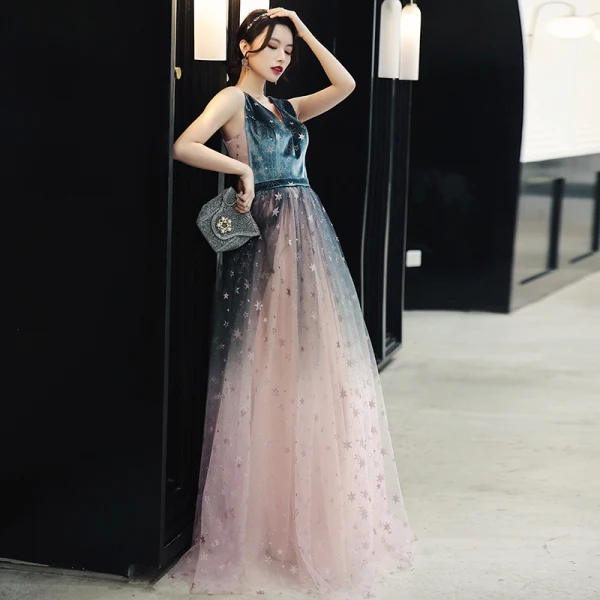 Elegant Ink Blue Blushing Pink Evening Dresses 2020 A-Line / Princess Deep V-Neck Sleeveless Glitter Star Floor-Length / Long Ruffle Backless Formal Dresses
