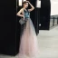 Elegant Ink Blue Blushing Pink Evening Dresses  2020 A-Line / Princess Deep V-Neck Sleeveless Glitter Star Floor-Length / Long Ruffle Backless Formal Dresses