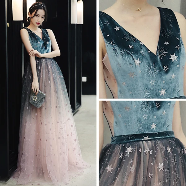 Elegant Ink Blue Blushing Pink Evening Dresses 2020 A-Line / Princess Deep V-Neck Sleeveless Glitter Star Floor-Length / Long Ruffle Backless Formal Dresses
