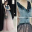 Elegant Ink Blue Blushing Pink Evening Dresses  2020 A-Line / Princess Deep V-Neck Sleeveless Glitter Star Floor-Length / Long Ruffle Backless Formal Dresses