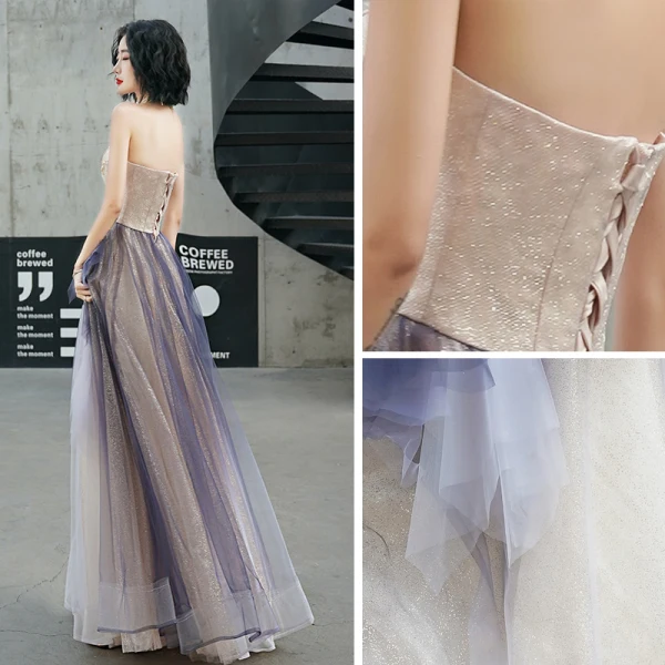 Elegant Champagne Purple Ballkjoler 2020 Prinsesse Kjæreste Uten Ermer Appliques Blomst Beading Glitter Tyll Lange Buste Ryggløse Formelle Kjoler