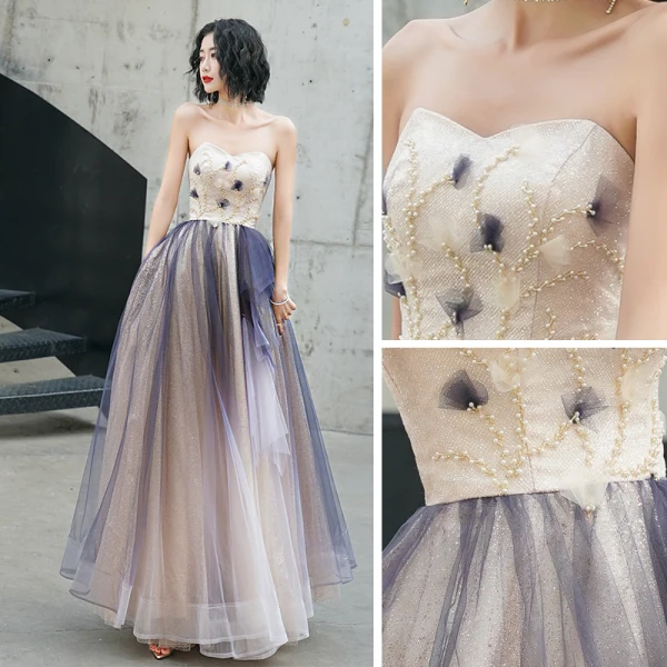 Elegant Champagne Purple Ballkjoler 2020 Prinsesse Kjæreste Uten Ermer Appliques Blomst Beading Glitter Tyll Lange Buste Ryggløse Formelle Kjoler