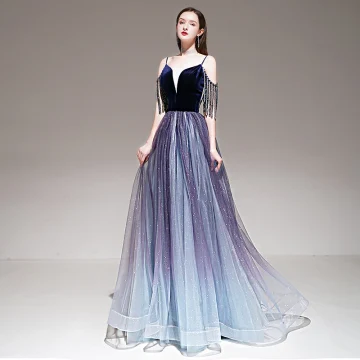 Eleganta Purple Gradient Färg Aftonklänningar 2020 Prinsessa Spaghettiband Korta Ärm Beading Tassel Glittriga Glitter Tyll Långa Ruffle Halterneck Formella Klänningar