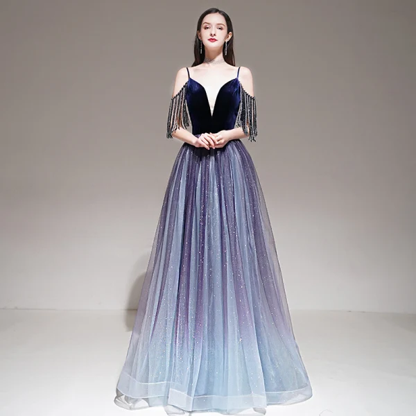 Elegante Violett Farbverlauf Abendkleider 2020 A Linie Spaghettiträger Kurze Ärmel Perlenstickerei Quaste Glanz Tülle Lange Rüschen Rückenfreies Festliche Kleider