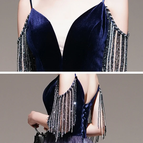 Elegante Violett Farbverlauf Abendkleider 2020 A Linie Spaghettiträger Kurze Ärmel Perlenstickerei Quaste Glanz Tülle Lange Rüschen Rückenfreies Festliche Kleider