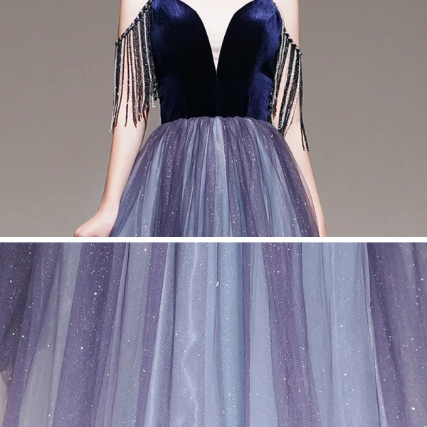 Elegante Violett Farbverlauf Abendkleider 2020 A Linie Spaghettiträger Kurze Ärmel Perlenstickerei Quaste Glanz Tülle Lange Rüschen Rückenfreies Festliche Kleider