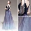 Elegante Violett Farbverlauf Abendkleider 2020 A Linie Spaghettiträger Kurze Ärmel Perlenstickerei Quaste Glanz Tülle Lange Rüschen Rückenfreies Festliche Kleider