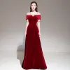 Mode Rouge Velour Hiver Robe De Soirée 2020 Princesse Transparentes Encolure Carrée Manches Courtes Perlage Longue Volants Dos Nu Robe De Ceremonie