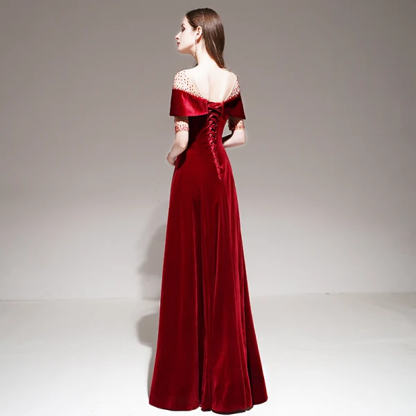 Fashion Red Velour Winter Evening Dresses 2020 A-Line / Princess See-through Square Neckline Short Sleeve Beading Floor-Length / Long Ruffle Backless Formal Dresses