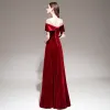 Fashion Red Velour Winter Evening Dresses  2020 A-Line / Princess See-through Square Neckline Short Sleeve Beading Floor-Length / Long Ruffle Backless Formal Dresses