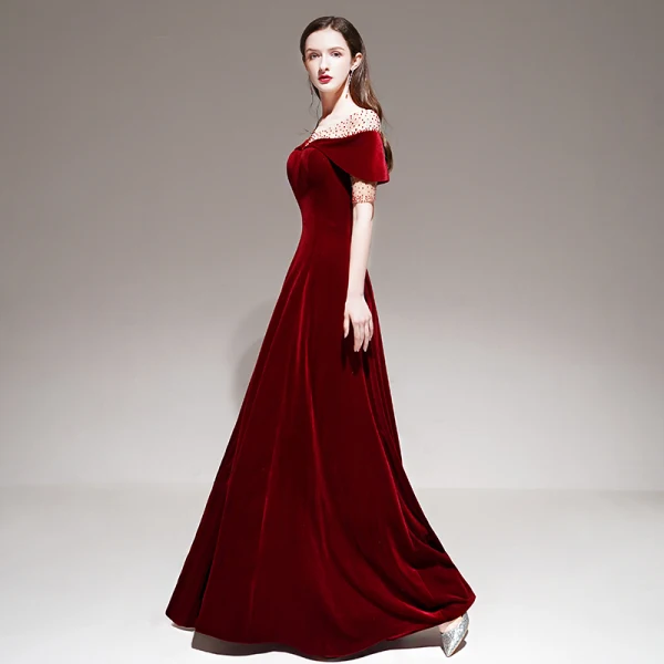 Fashion Red Velour Winter Evening Dresses 2020 A-Line / Princess See-through Square Neckline Short Sleeve Beading Floor-Length / Long Ruffle Backless Formal Dresses