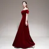 Fashion Red Velour Winter Evening Dresses  2020 A-Line / Princess See-through Square Neckline Short Sleeve Beading Floor-Length / Long Ruffle Backless Formal Dresses