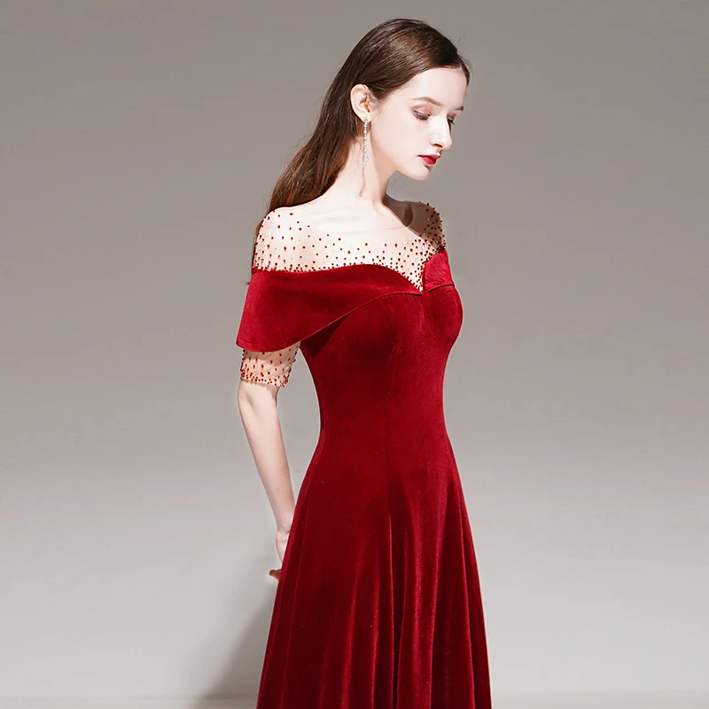 Fashion Red Velour Winter Evening Dresses 2020 A Line Princess See Through  Square Neckline Short Sleeve Beading Floor Length Long Ruffle Backless Formal  Dresses