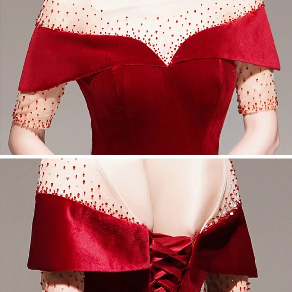 Fashion Red Velour Winter Evening Dresses 2020 A-Line / Princess See-through Square Neckline Short Sleeve Beading Floor-Length / Long Ruffle Backless Formal Dresses