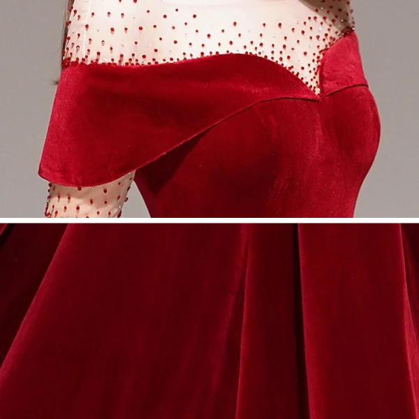 Fashion Red Velour Winter Evening Dresses 2020 A-Line / Princess See-through Square Neckline Short Sleeve Beading Floor-Length / Long Ruffle Backless Formal Dresses