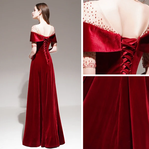 Fashion Red Velour Winter Evening Dresses 2020 A-Line / Princess See-through Square Neckline Short Sleeve Beading Floor-Length / Long Ruffle Backless Formal Dresses