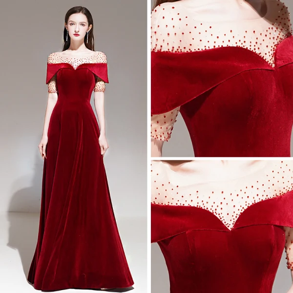 Fashion Red Velour Winter Evening Dresses 2020 A-Line / Princess See-through Square Neckline Short Sleeve Beading Floor-Length / Long Ruffle Backless Formal Dresses
