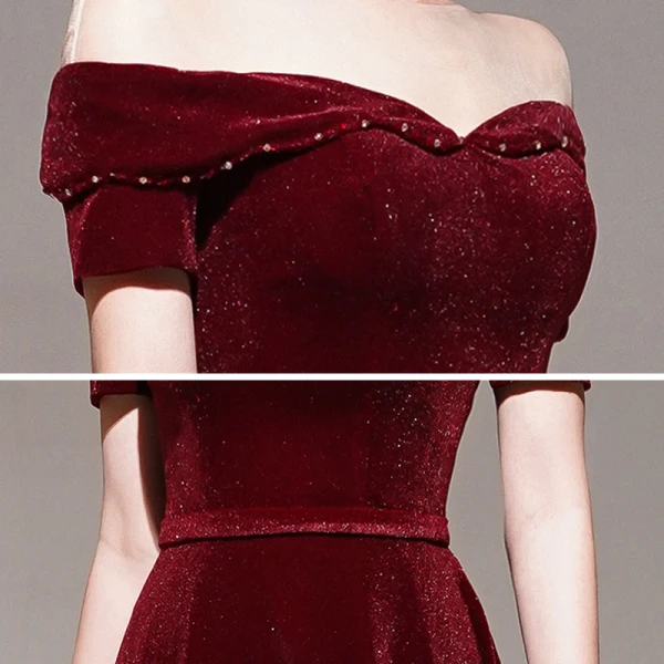 Chic / Beautiful Burgundy Winter Evening Dresses 2020 A-Line / Princess Off-The-Shoulder Short Sleeve Glitter Velour Beading Sash Floor-Length / Long Backless Formal Dresses