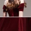 Chic / Beautiful Burgundy Winter Evening Dresses  2020 A-Line / Princess Off-The-Shoulder Short Sleeve Glitter Velour Beading Sash Floor-Length / Long Backless Formal Dresses