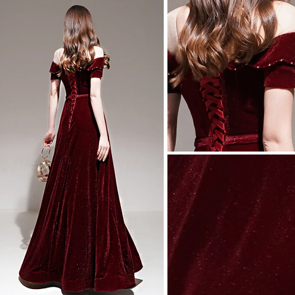 Chic / Beautiful Burgundy Winter Evening Dresses 2020 A-Line / Princess Off-The-Shoulder Short Sleeve Glitter Velour Beading Sash Floor-Length / Long Backless Formal Dresses