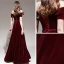 Chic / Beautiful Burgundy Winter Evening Dresses  2020 A-Line / Princess Off-The-Shoulder Short Sleeve Glitter Velour Beading Sash Floor-Length / Long Backless Formal Dresses