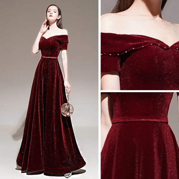 Chic / Beautiful Burgundy Winter Evening Dresses 2020 A-Line / Princess Off-The-Shoulder Short Sleeve Glitter Velour Beading Sash Floor-Length / Long Backless Formal Dresses