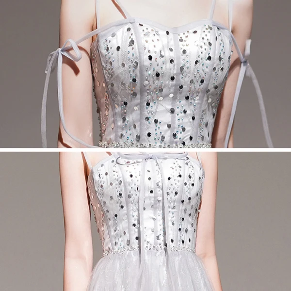 Élégant Gris Été Robe De Soirée 2020 Princesse Bretelles Spaghetti Sans Manches Perlage Appliques En Dentelle Longue Volants Dos Nu Robe De Ceremonie