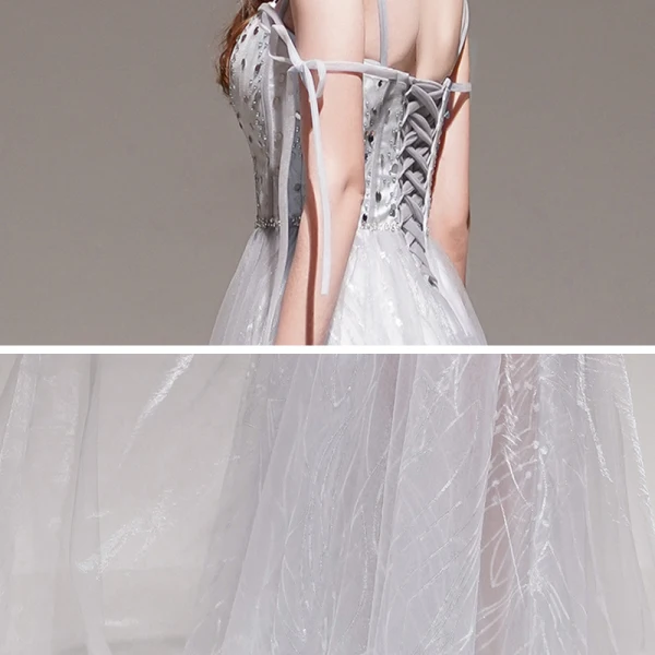 Élégant Gris Été Robe De Soirée 2020 Princesse Bretelles Spaghetti Sans Manches Perlage Appliques En Dentelle Longue Volants Dos Nu Robe De Ceremonie
