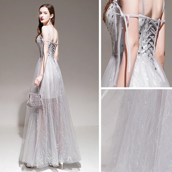 Élégant Gris Été Robe De Soirée 2020 Princesse Bretelles Spaghetti Sans Manches Perlage Appliques En Dentelle Longue Volants Dos Nu Robe De Ceremonie