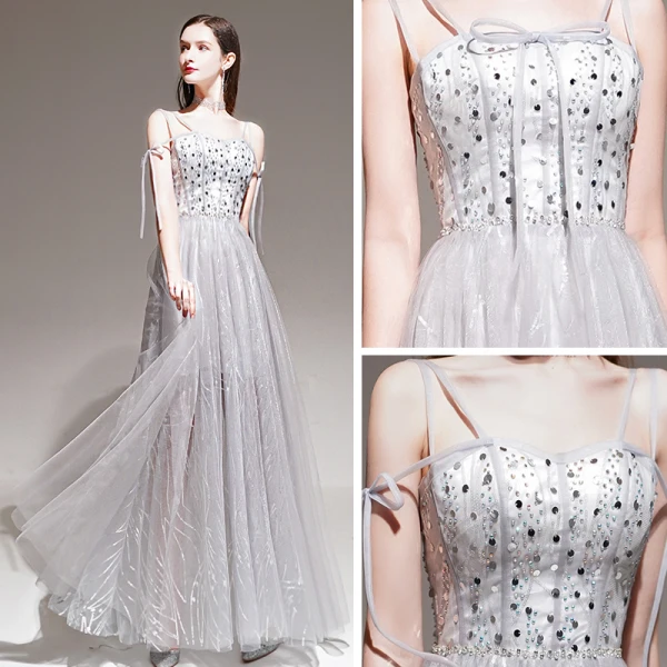 Élégant Gris Été Robe De Soirée 2020 Princesse Bretelles Spaghetti Sans Manches Perlage Appliques En Dentelle Longue Volants Dos Nu Robe De Ceremonie