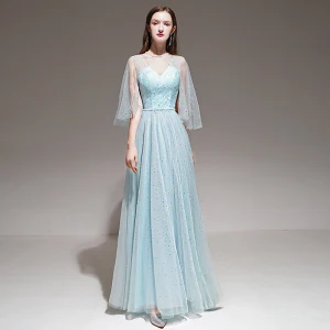 Romantique Bleu Ciel Robe De Soirée Avec Châle 2020 Princesse Épaules Sans Manches Perlage Ceinture Longue Volants Dos Nu Robe De Ceremonie
