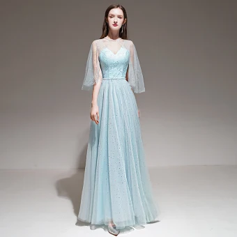 Romantique Bleu Ciel Robe De Soirée Avec Châle 2020 Princesse Épaules Sans Manches Perlage Ceinture Longue Volants Dos Nu Robe De Ceremonie