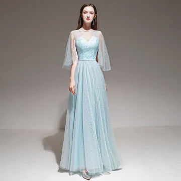 Romantique Bleu Ciel Robe De Soirée Avec Châle 2020 Princesse Épaules Sans Manches Perlage Ceinture Longue Volants Dos Nu Robe De Ceremonie