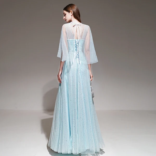 Romantique Bleu Ciel Robe De Soirée Avec Châle 2020 Princesse épaules Sans Manches Perlage Ceinture Longue Volants Dos Nu Robe De Ceremonie