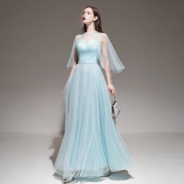 Romantique Bleu Ciel Robe De Soirée Avec Châle 2020 Princesse épaules Sans Manches Perlage Ceinture Longue Volants Dos Nu Robe De Ceremonie