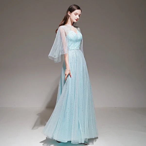 Romantique Bleu Ciel Robe De Soirée Avec Châle 2020 Princesse épaules Sans Manches Perlage Ceinture Longue Volants Dos Nu Robe De Ceremonie