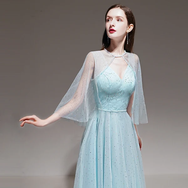 Romantique Bleu Ciel Robe De Soirée Avec Châle 2020 Princesse épaules Sans Manches Perlage Ceinture Longue Volants Dos Nu Robe De Ceremonie
