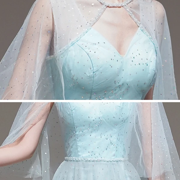 Romantique Bleu Ciel Robe De Soirée Avec Châle 2020 Princesse épaules Sans Manches Perlage Ceinture Longue Volants Dos Nu Robe De Ceremonie
