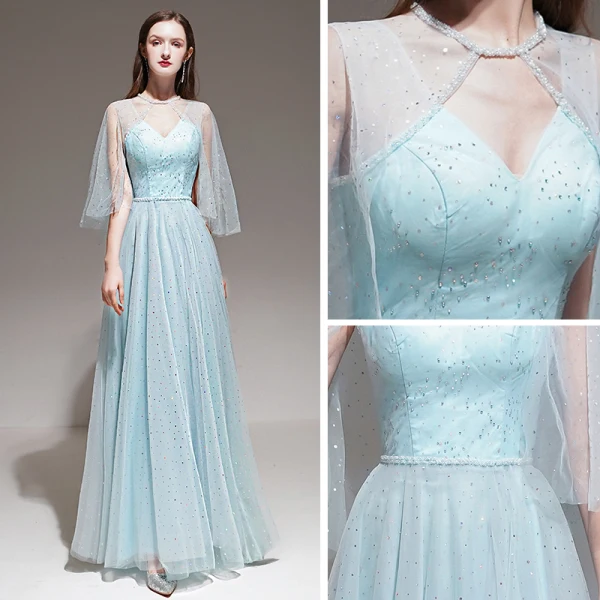 Romantique Bleu Ciel Robe De Soirée Avec Châle 2020 Princesse épaules Sans Manches Perlage Ceinture Longue Volants Dos Nu Robe De Ceremonie