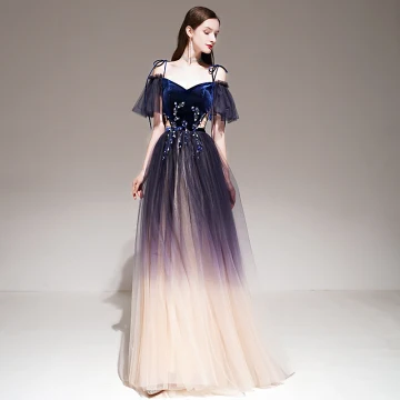 Fashion Purple Gradient Color Evening Dresses 2020 A Line Princess Spaghetti Straps Short Sleeve Appliques Lace Beading Sash Glitter Tulle Floor Length Long Ruffle