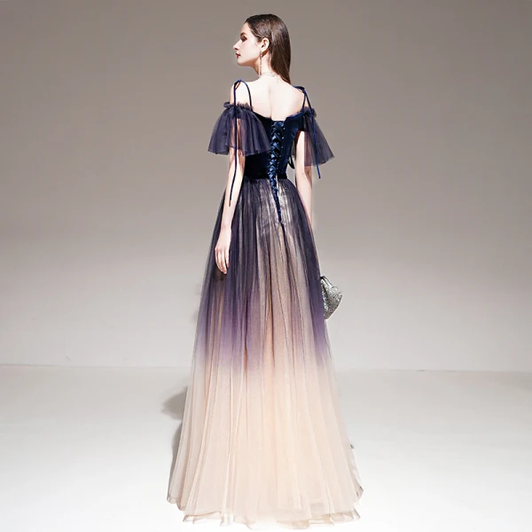 Fashion Purple Gradient-Color Evening Dresses 2020 A-Line / Princess Spaghetti Straps Short Sleeve Appliques Lace Beading Sash Glitter Tulle Floor-Length / Long Ruffle