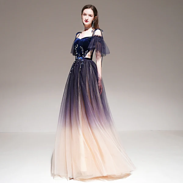 Fashion Purple Gradient-Color Evening Dresses 2020 A-Line / Princess Spaghetti Straps Short Sleeve Appliques Lace Beading Sash Glitter Tulle Floor-Length / Long Ruffle