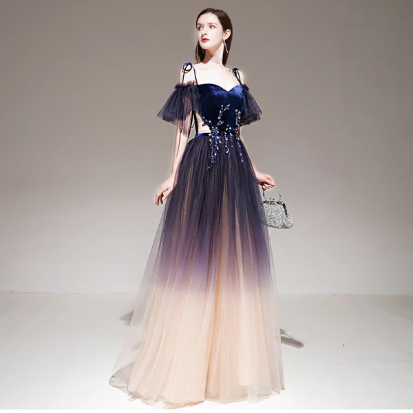 Fashion Purple Gradient-Color Evening Dresses 2020 A-Line / Princess Spaghetti Straps Short Sleeve Appliques Lace Beading Sash Glitter Tulle Floor-Length / Long Ruffle
