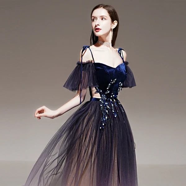 Fashion Purple Gradient-Color Evening Dresses 2020 A-Line / Princess Spaghetti Straps Short Sleeve Appliques Lace Beading Sash Glitter Tulle Floor-Length / Long Ruffle